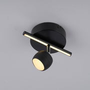 Moderne schwarze Deckenleuchte mit zylindrischem Lampenkopf, seitliche Perspektive