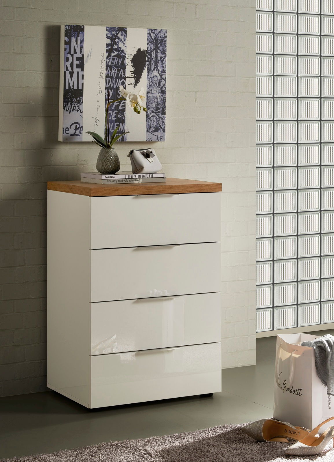 XORA Schubkastenkommode IDEA Moderne Schubkastenkommode mit weißer Hochglanzfront und Holzplatte, seitliche Perspektive