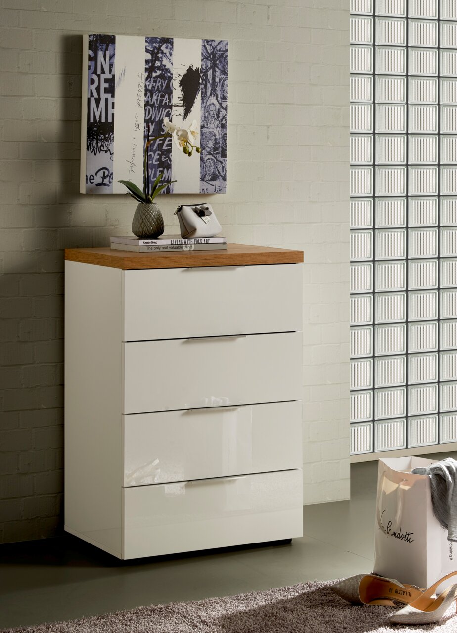 XORA Schubkastenkommode IDEA Moderne Schubkastenkommode mit weißer Hochglanzfront und Holzplatte, seitliche Perspektive