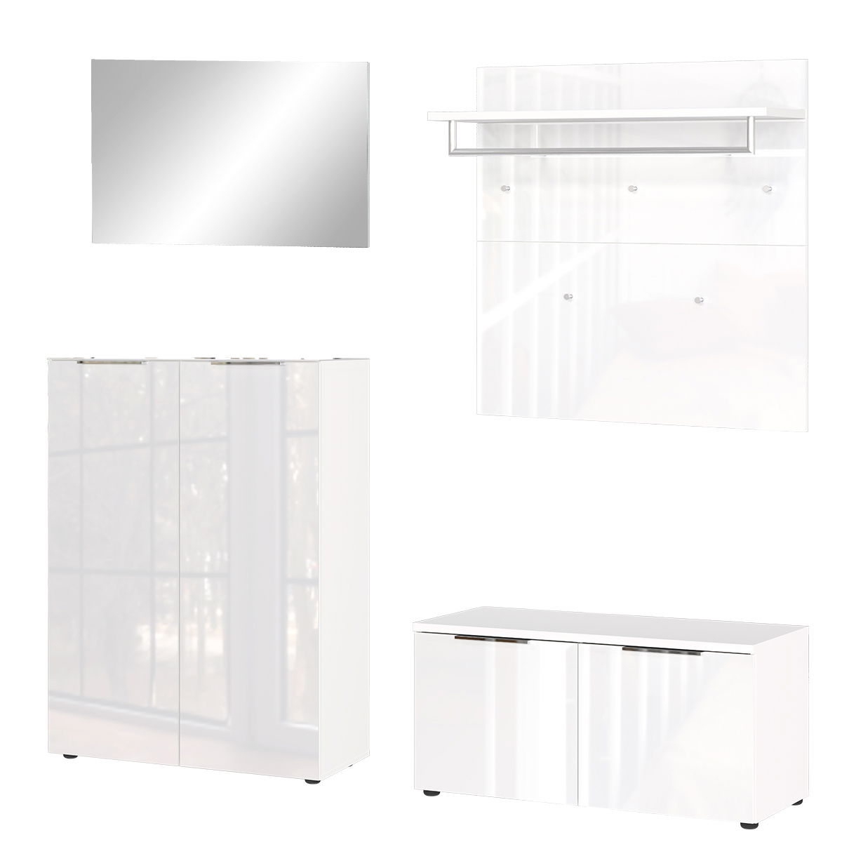 Garderobe Set 2 in Weiß, bestehend aus einem Wandspiegel, einer Wandgarderobe mit Ablage und Haken, einem hohen Schrank und einer niedrigen Bank, frontal abgebildet.