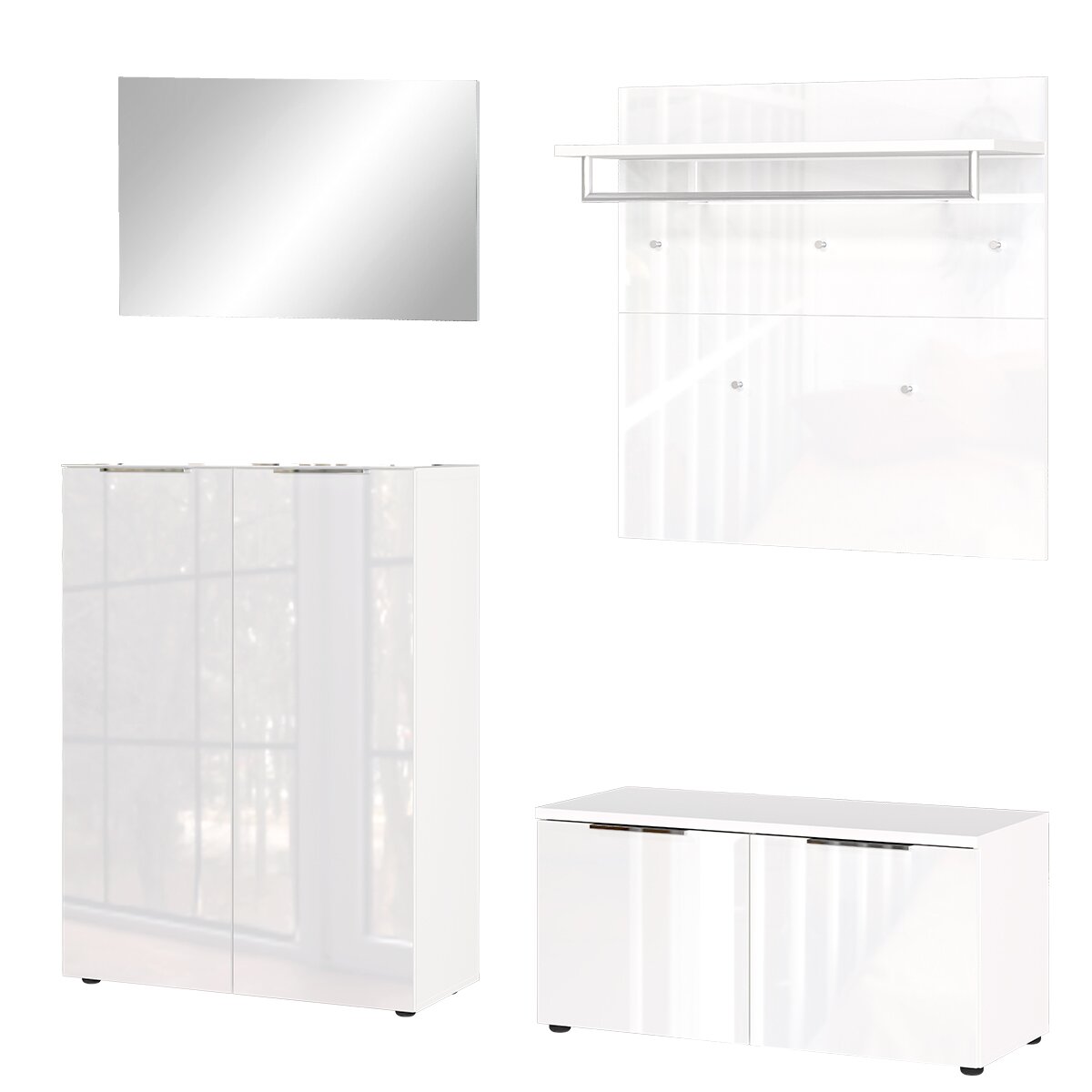 MID.YOU Garderoben-Set GENOVA Garderobe Set 2 in Weiß, bestehend aus einem Wandspiegel, einer Wandgarderobe mit Ablage und Haken, einem hohen Schrank und einer niedrigen Bank, frontal abgebildet.