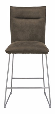 Barstuhl mit gepolsterter Rückenlehne und Sitzfläche in dunklem Stoff, Metallgestell, Frontalansicht