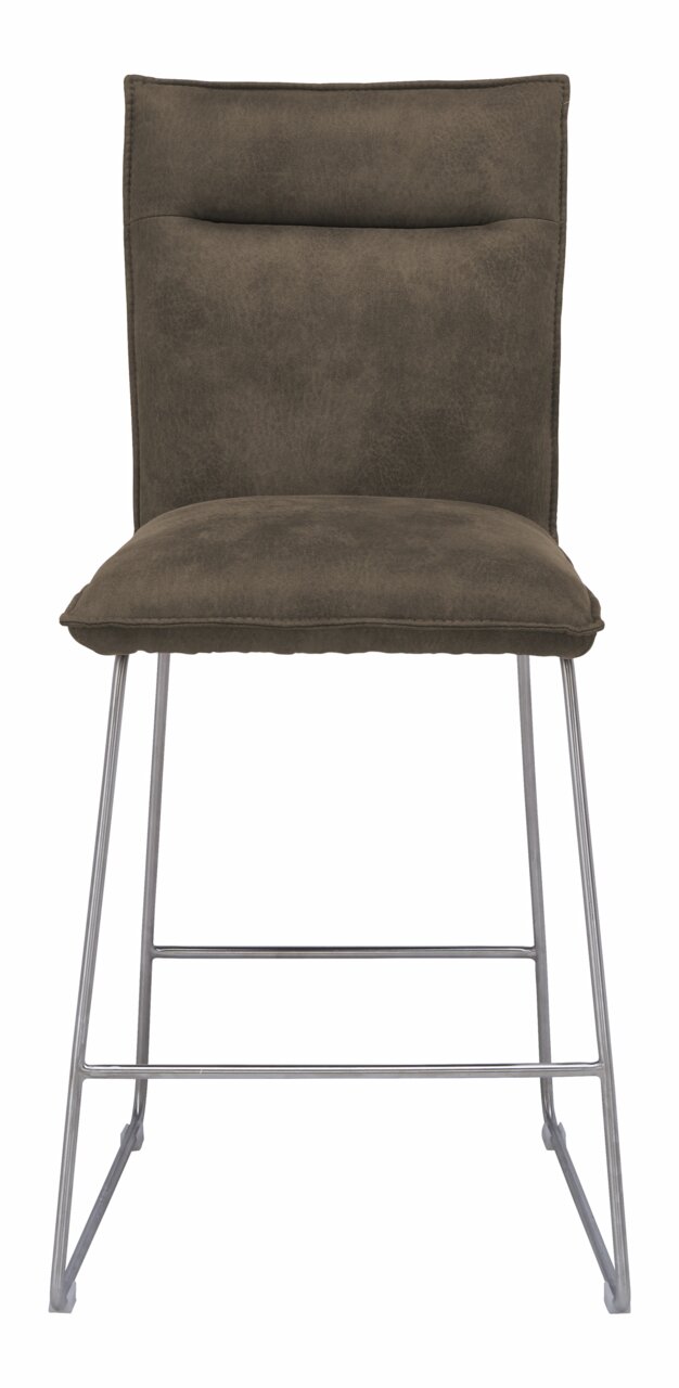 Barstuhl mit gepolsterter Rückenlehne und Sitzfläche in dunklem Stoff, Metallgestell, Frontalansicht