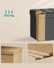Detailansicht einer dunkelgrauen, gepolsterten Sitztruhe/Hocker mit aufgeschnittener Ecke, die den stabilen Korkkern zeigt; links Hinweis auf 300 kg Belastbarkeit, Perspektive: schräg von vorn/oben.