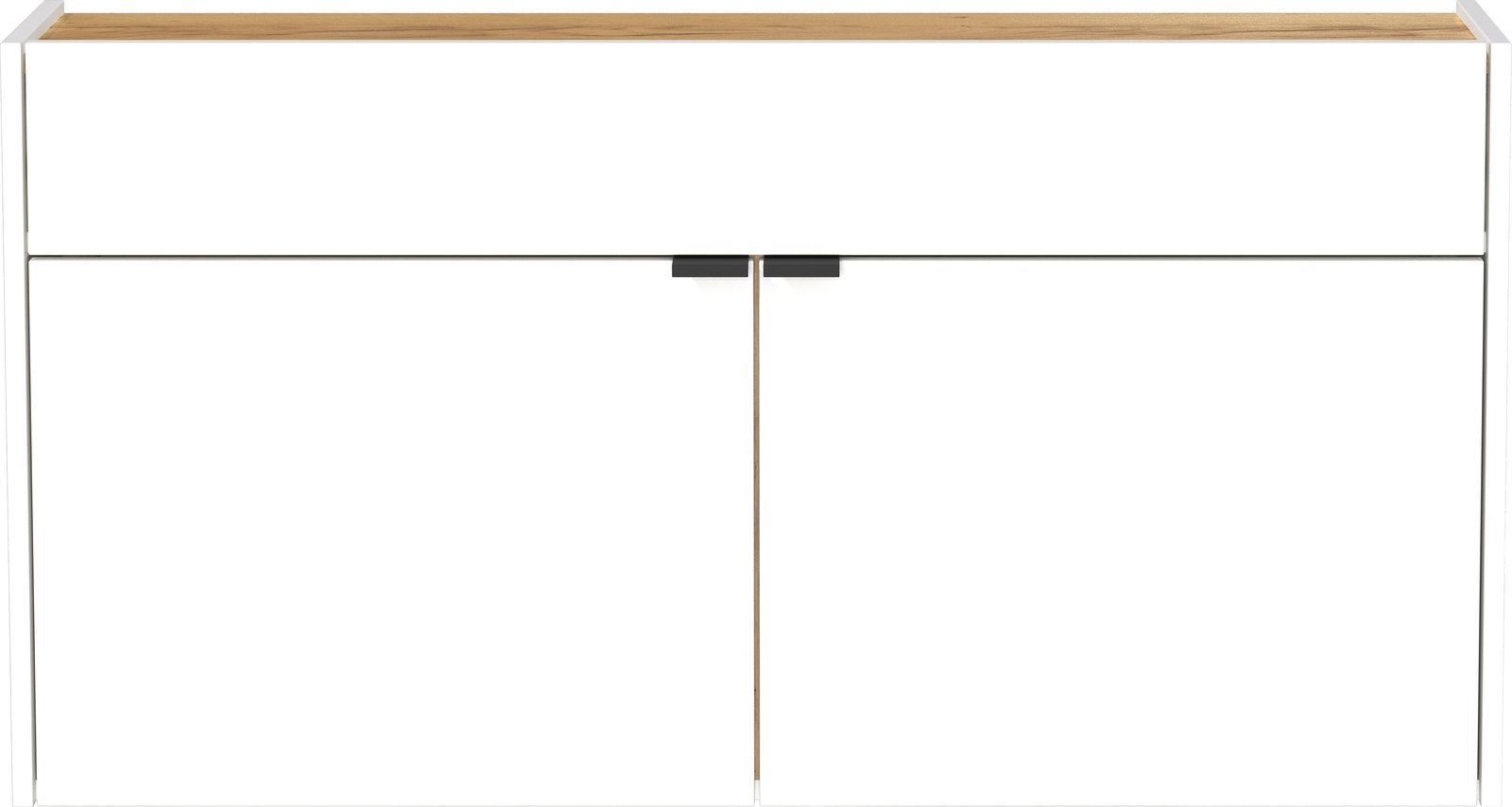 Moderner, breiter Hängeschuhschrank in Weiß mit Holzoberfläche, frontal betrachtet.
