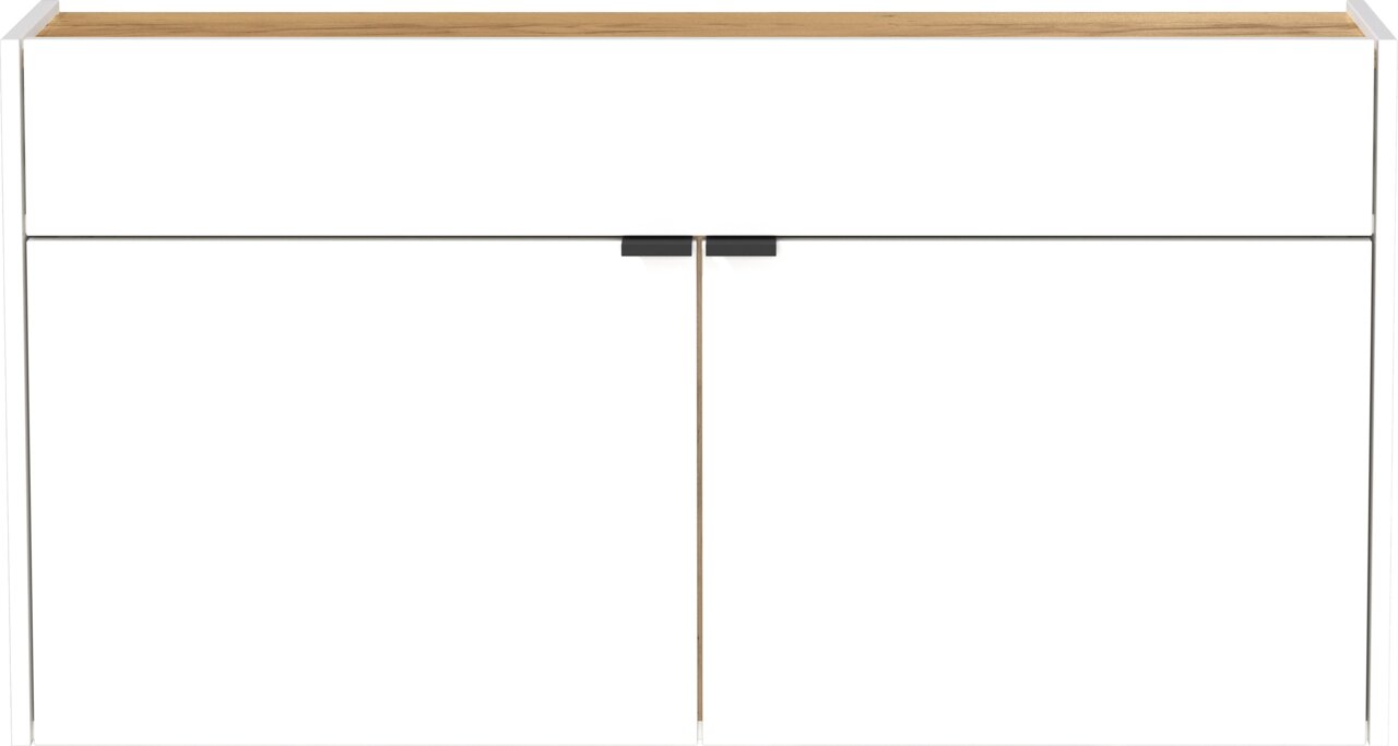 Moderner, breiter Hängeschuhschrank in Weiß mit Holzoberfläche, frontal betrachtet.