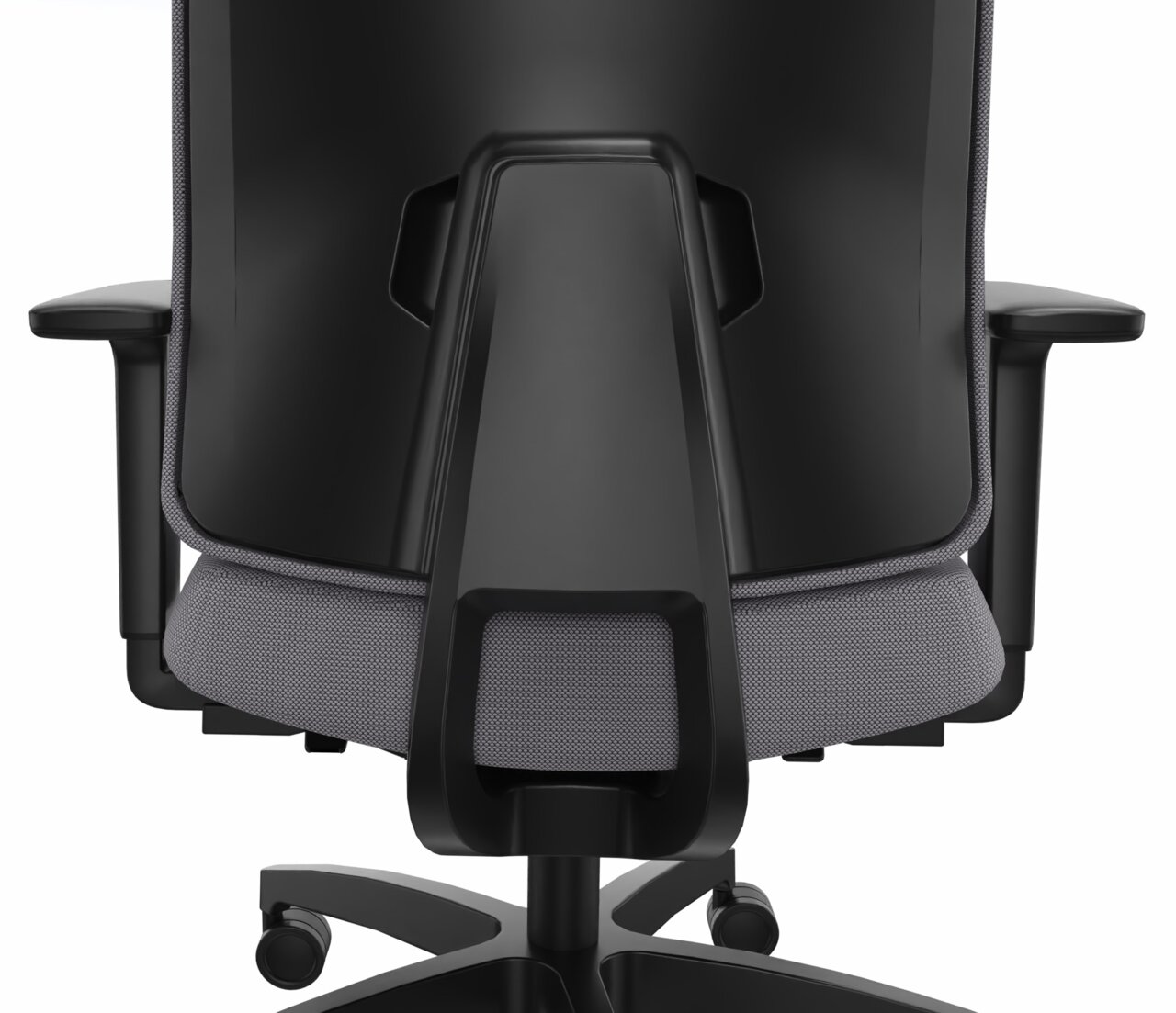 Rückansicht eines modernen Drehstuhls mit schwarzer Rückenlehne und grauem Sitzpolster, Armlehnen und Rollen.