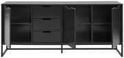 Frontansicht eines schwarzen XL-Sideboards mit offenen Türen und Schubladen, die viel Stauraum bieten.