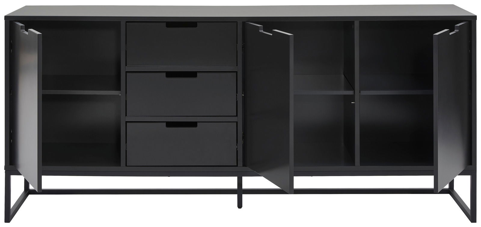Frontansicht eines schwarzen XL-Sideboards mit offenen Türen und Schubladen, die viel Stauraum bieten.