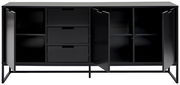 Frontansicht eines schwarzen XL-Sideboards mit offenen Türen und Schubladen, die viel Stauraum bieten.