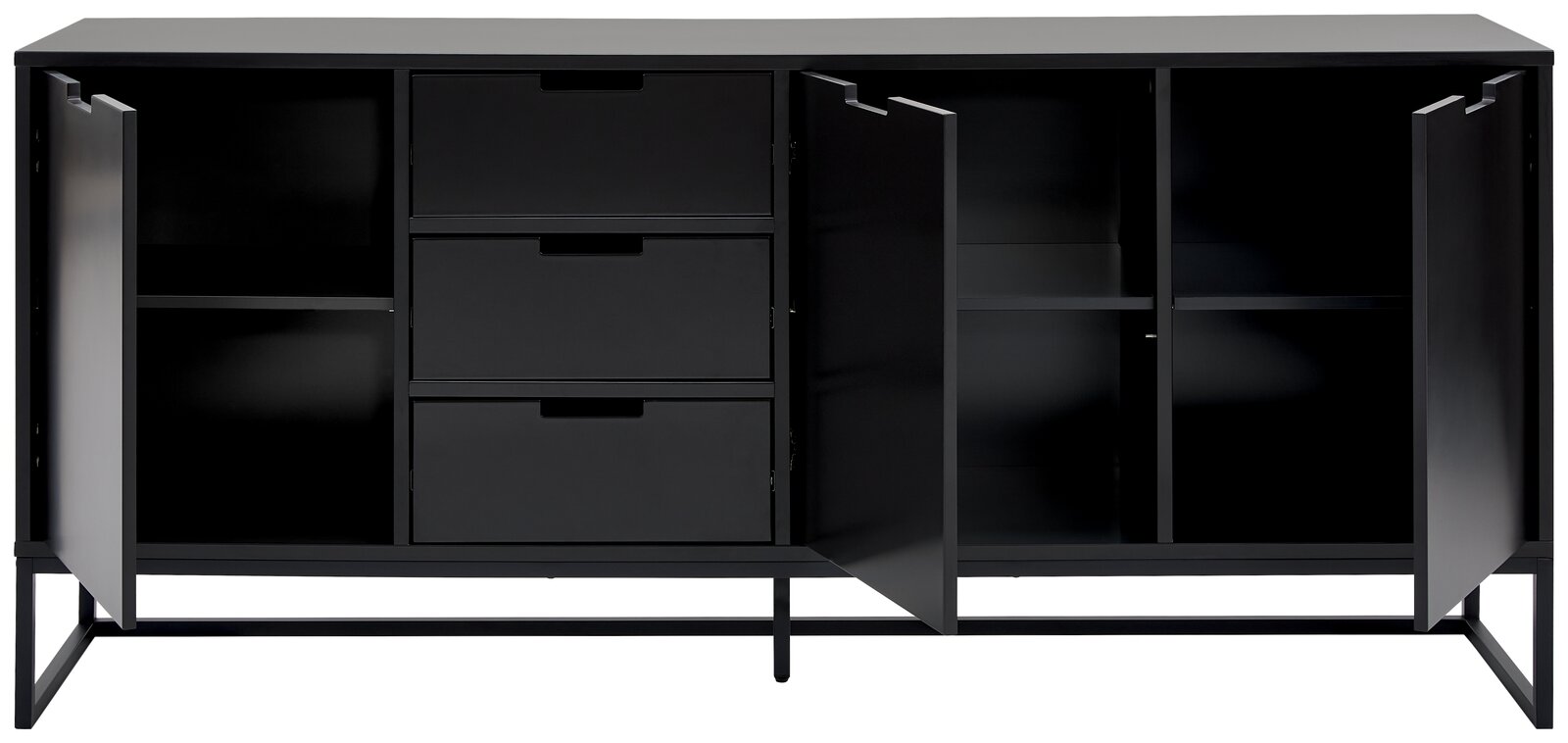 Frontansicht eines schwarzen XL-Sideboards mit offenen Türen und Schubladen, die viel Stauraum bieten.