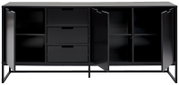 Frontansicht eines schwarzen XL-Sideboards mit offenen Türen und Schubladen, die viel Stauraum bieten.