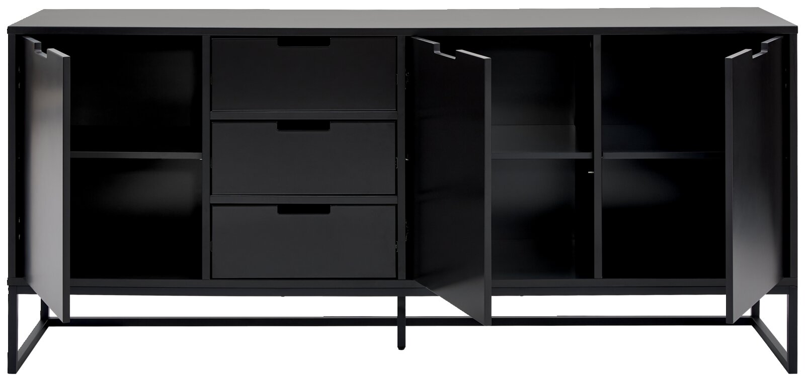 Frontansicht eines schwarzen XL-Sideboards mit offenen Türen und Schubladen, die viel Stauraum bieten.