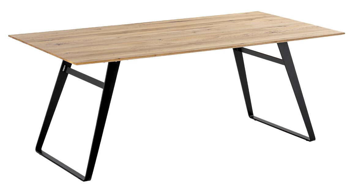 Moderner Esstisch mit Holzplatte und schwarzen Metallbeinen, seitliche Perspektive