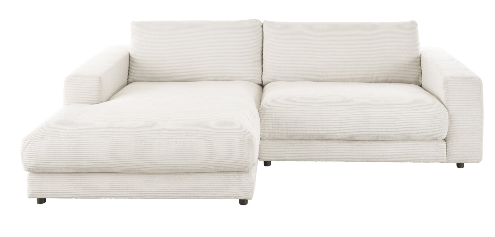 Frontale Ansicht einer cremefarbenen Longchairkombination mit breiten Armlehnen und geripptem Stoffbezug.
