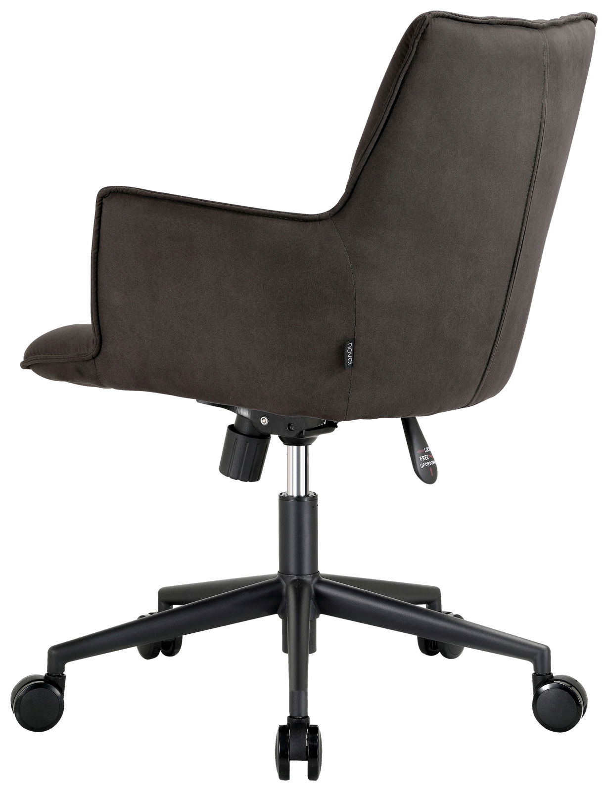 Rückansicht eines modernen, dunkelgrauen Drehsessels mit Rollen und verstellbarer Sitzhöhe.