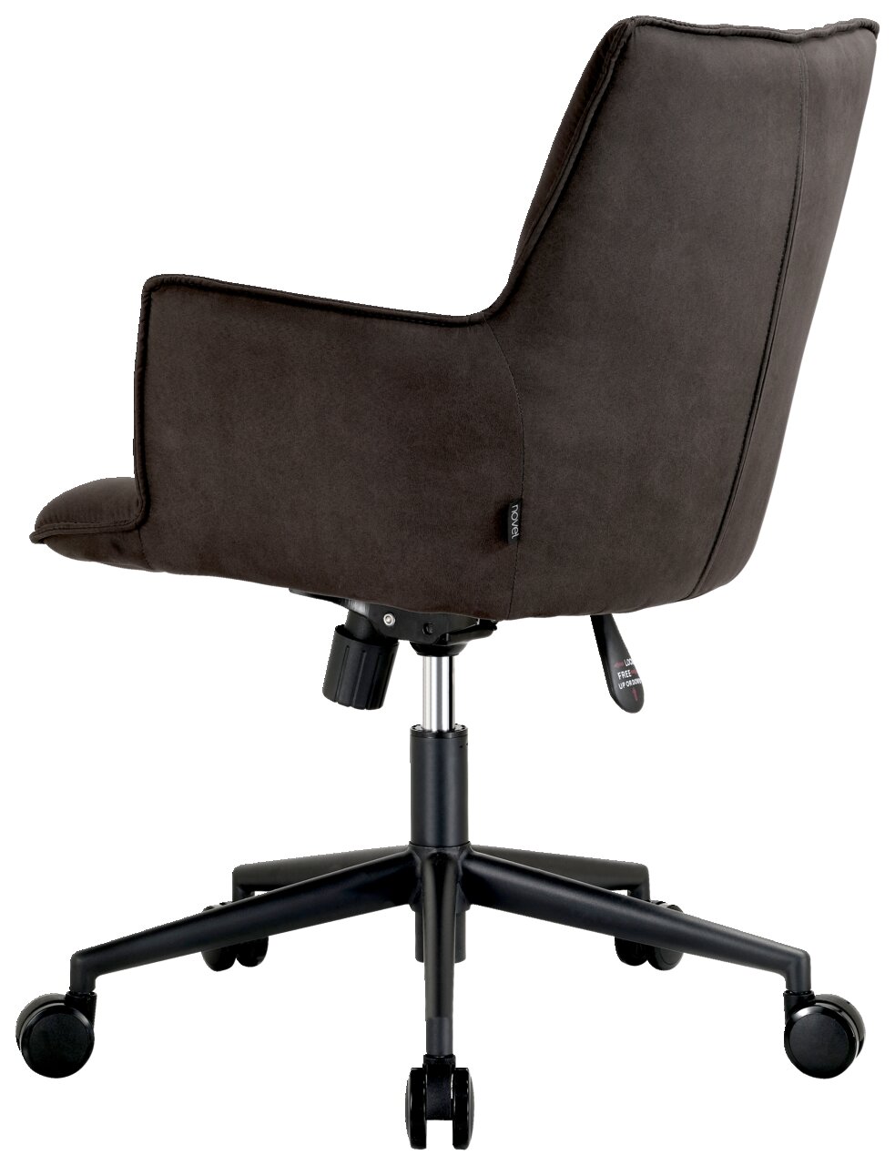 Rückansicht eines modernen, dunkelgrauen Drehsessels mit Rollen und verstellbarer Sitzhöhe.