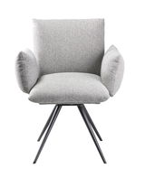 Grauer Sessel mit gepolsterten Armlehnen und schwarzem Metallgestell, Frontalansicht