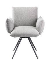 Grauer Sessel mit gepolsterten Armlehnen und schwarzem Metallgestell, Frontalansicht