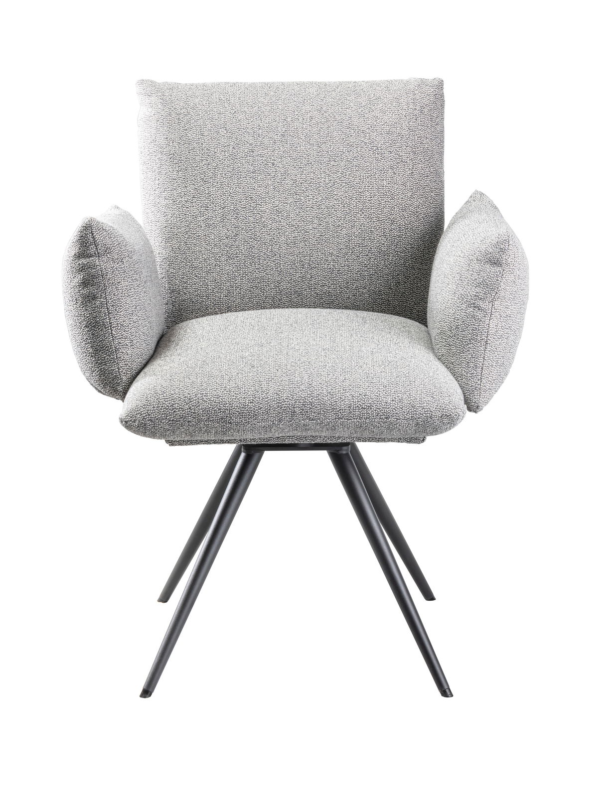 Grauer Sessel mit gepolsterten Armlehnen und schwarzem Metallgestell, Frontalansicht