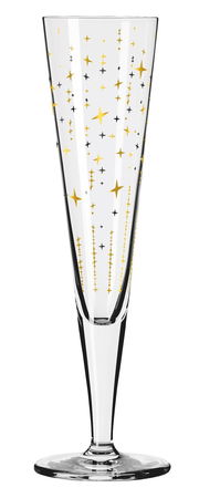Champagnerglas mit goldenen und schwarzen Sternmotiven, seitliche Perspektive