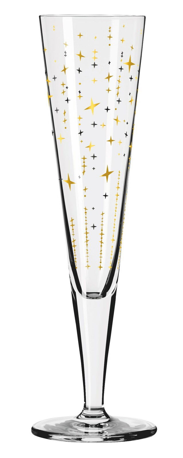 Champagnerglas mit goldenen und schwarzen Sternmotiven, seitliche Perspektive