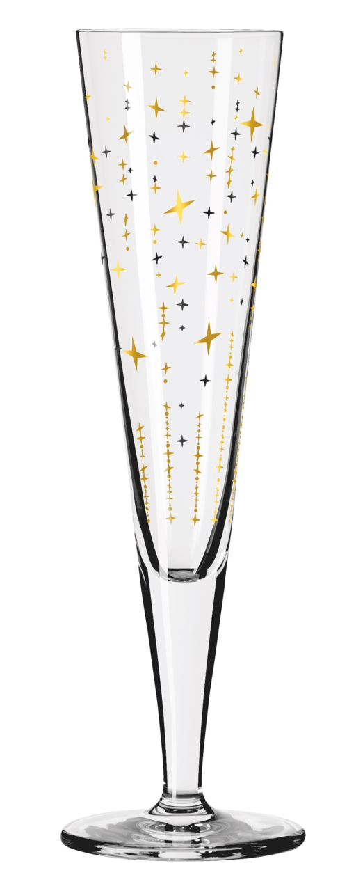 Champagnerglas mit goldenen und schwarzen Sternmotiven, seitliche Perspektive