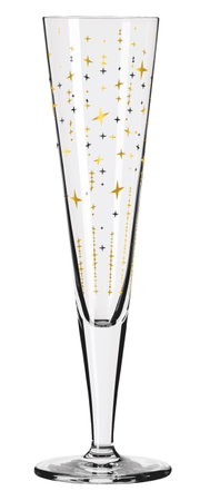 Champagnerglas mit goldenen und schwarzen Sternmotiven, seitliche Perspektive
