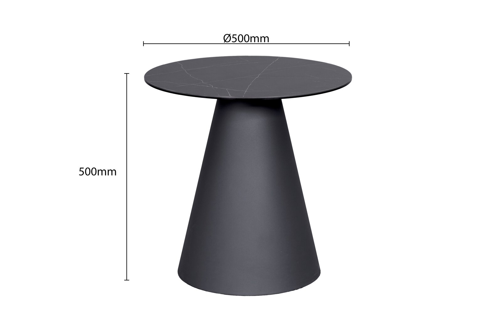 Moderner Beistelltisch mit konischer Basis und runder Tischplatte, seitliche Perspektive