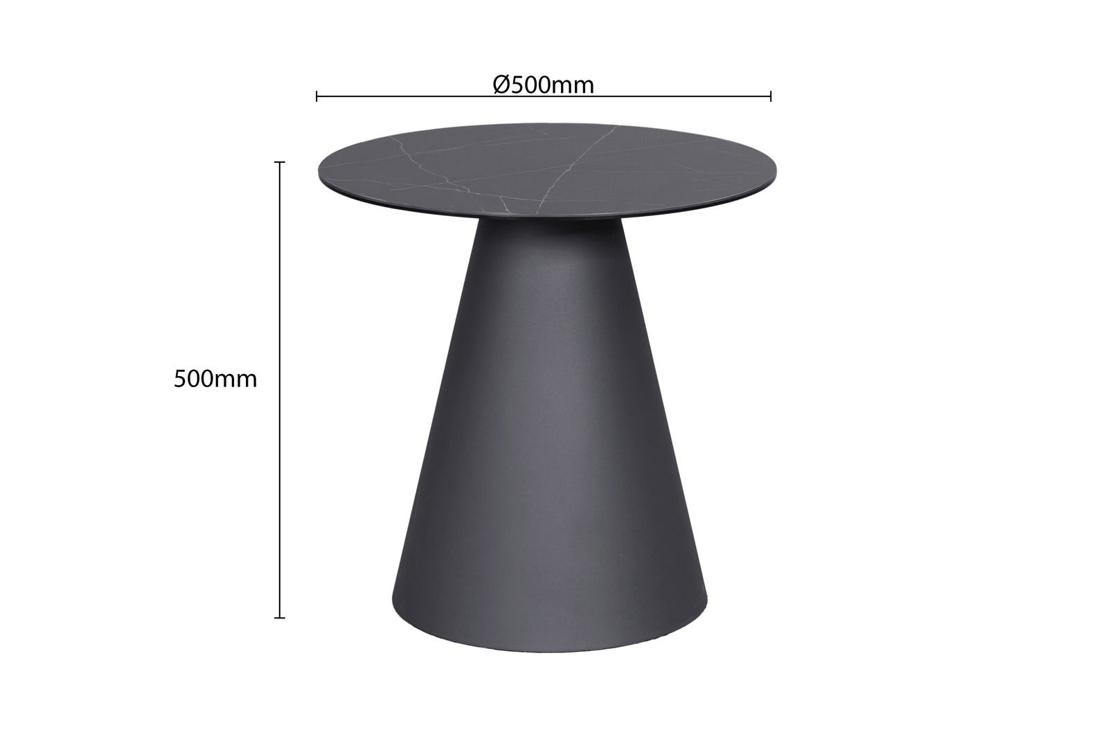Moderner Beistelltisch mit konischer Basis und runder Tischplatte, seitliche Perspektive