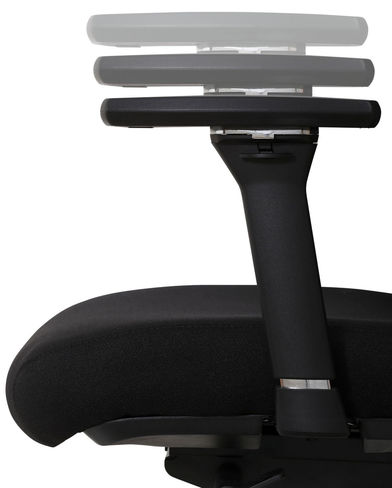Venda Armlehnen-Set MY TRITON Seitenansicht eines verstellbaren Armlehnen-Sets für Bürostühle, schwarz, mit mehreren Höhenstufen.
