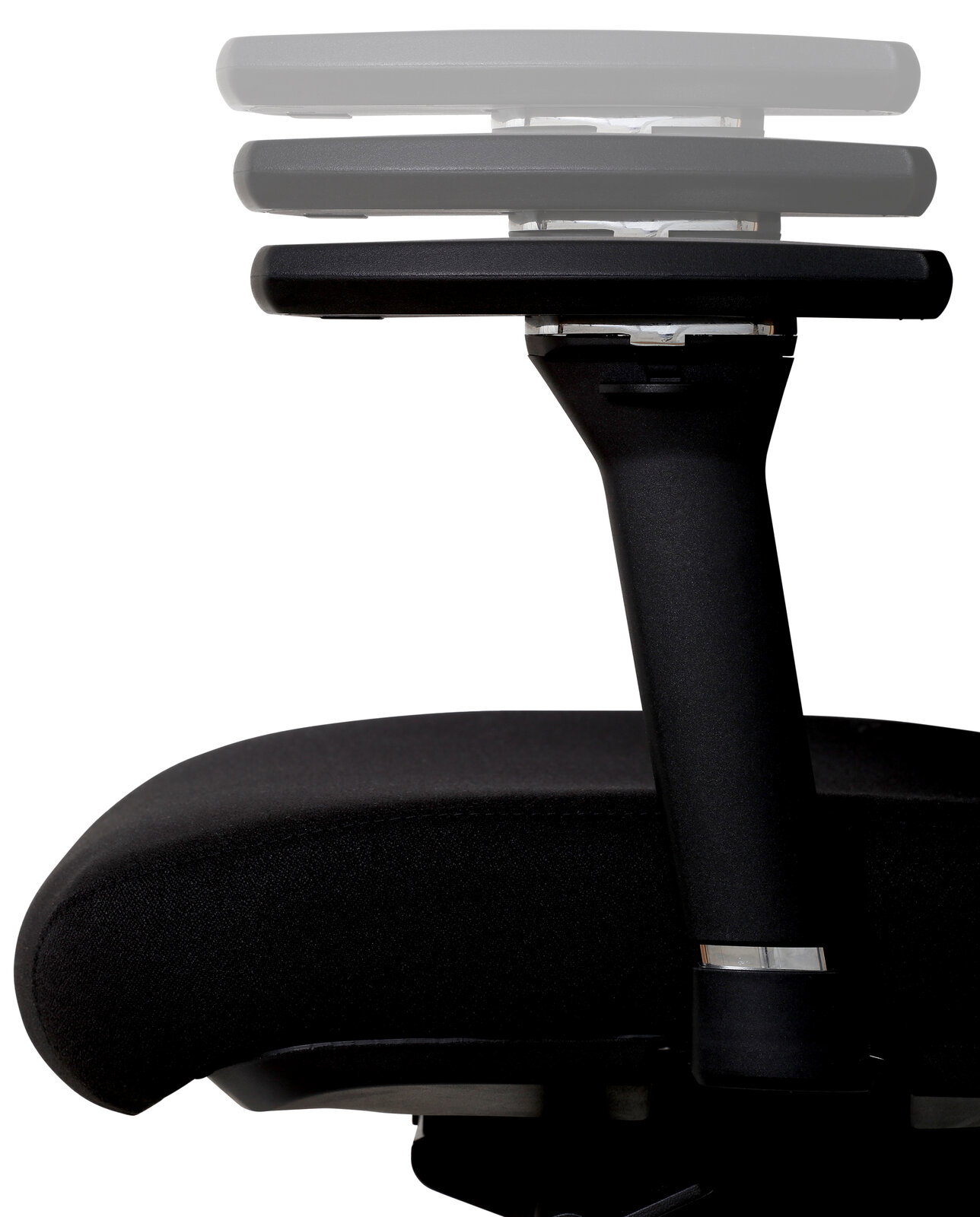 Venda Armlehnen-Set MY TRITON Seitenansicht eines verstellbaren Armlehnen-Sets für Bürostühle, schwarz, mit mehreren Höhenstufen.