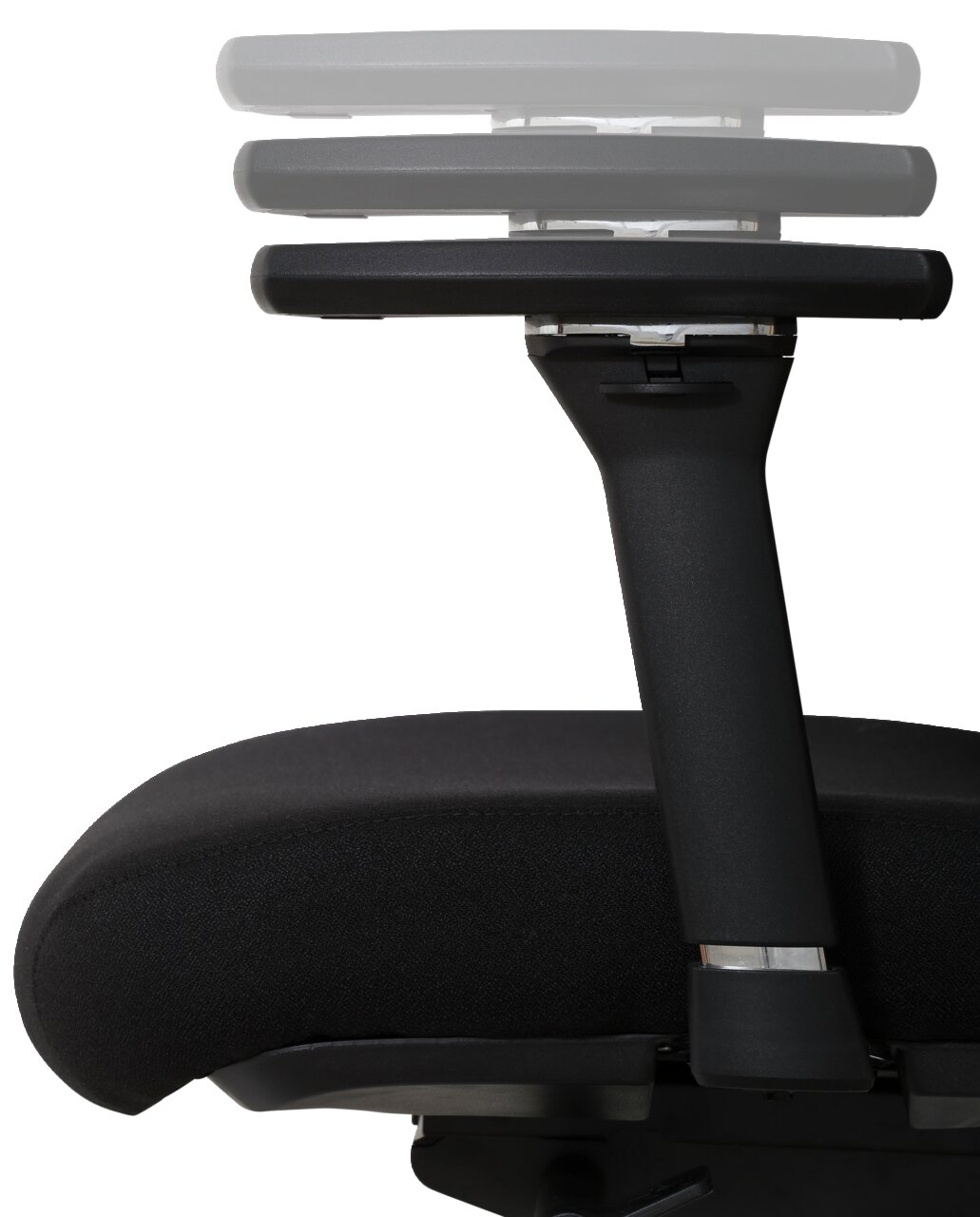 Seitenansicht eines verstellbaren Armlehnen-Sets für Bürostühle, schwarz, mit mehreren Höhenstufen.