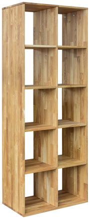 Holzregal 2x5 mit natürlicher Holzmaserung, seitliche Perspektive