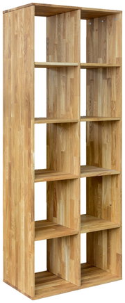 Holzregal 2x5 mit natürlicher Holzmaserung, seitliche Perspektive
