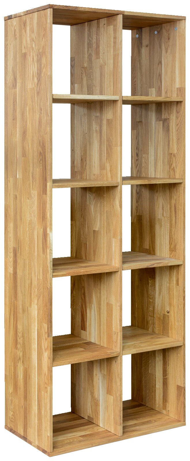 Holzregal 2x5 mit natürlicher Holzmaserung, seitliche Perspektive