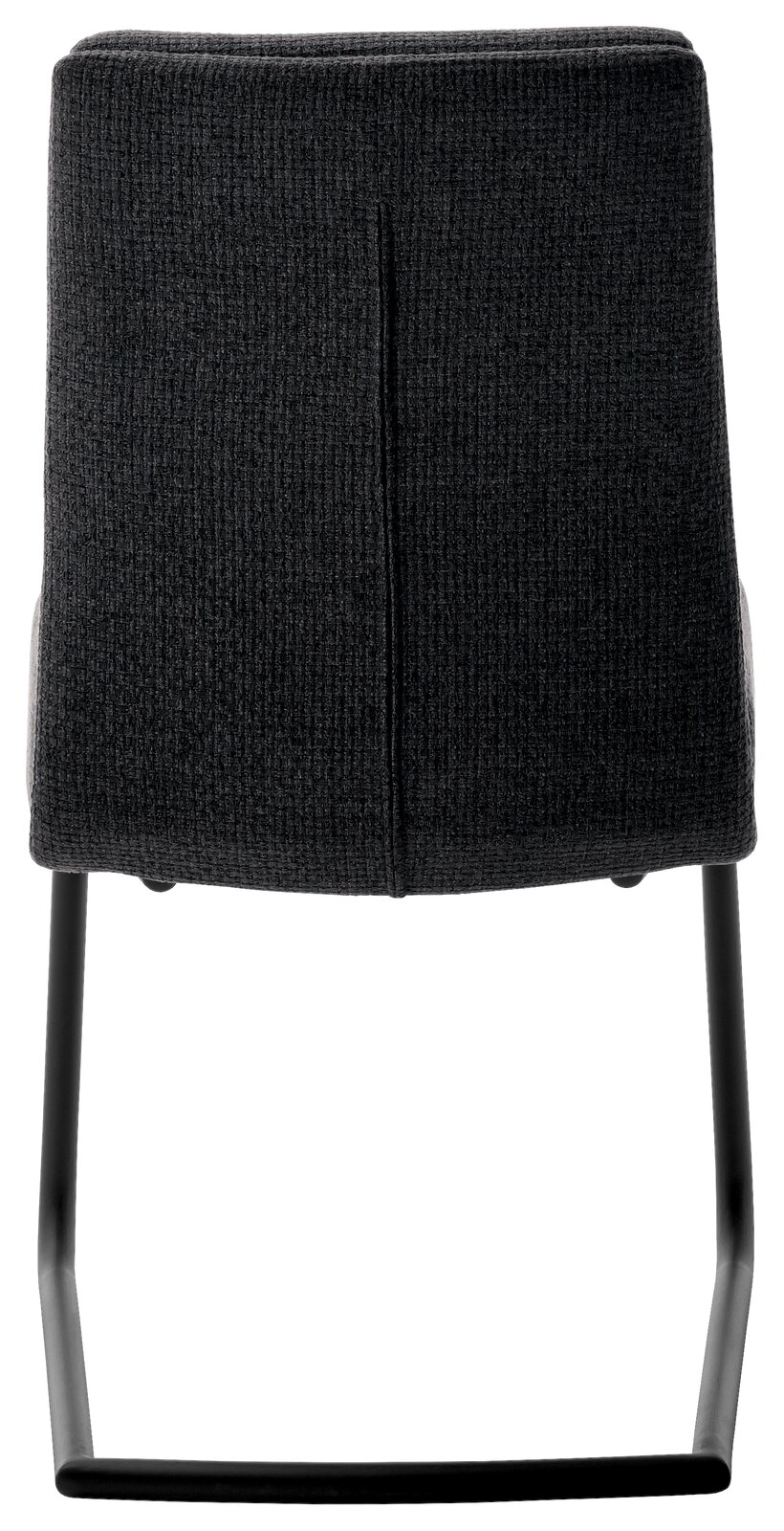 Rückansicht eines Freischwinger-Stuhls mit dunklem Stoffbezug und schwarzem Metallgestell.