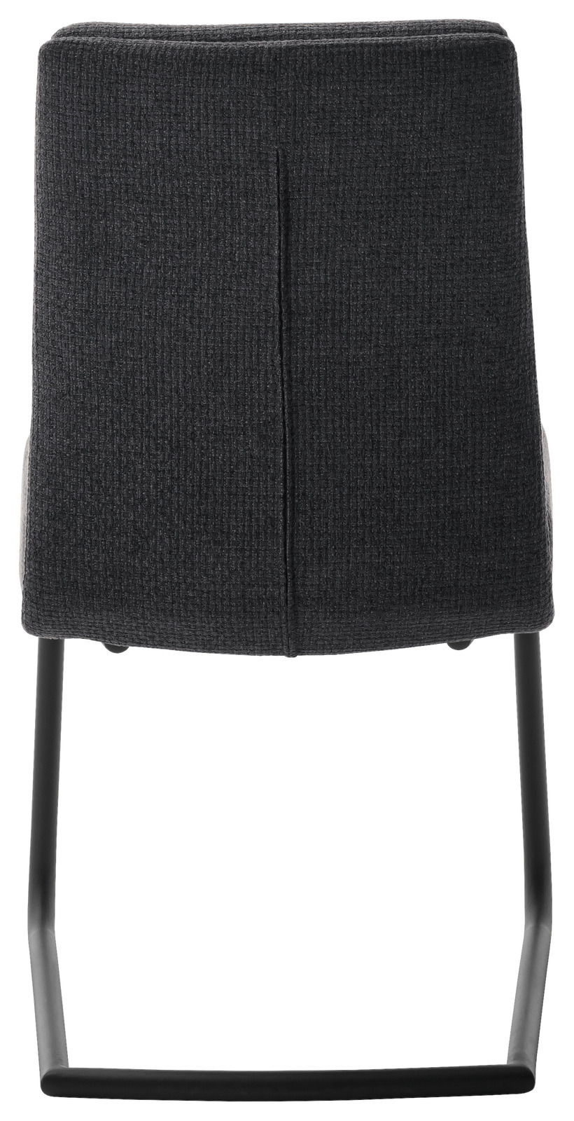 Rückansicht eines Freischwinger-Stuhls mit dunklem Stoffbezug und schwarzem Metallgestell.