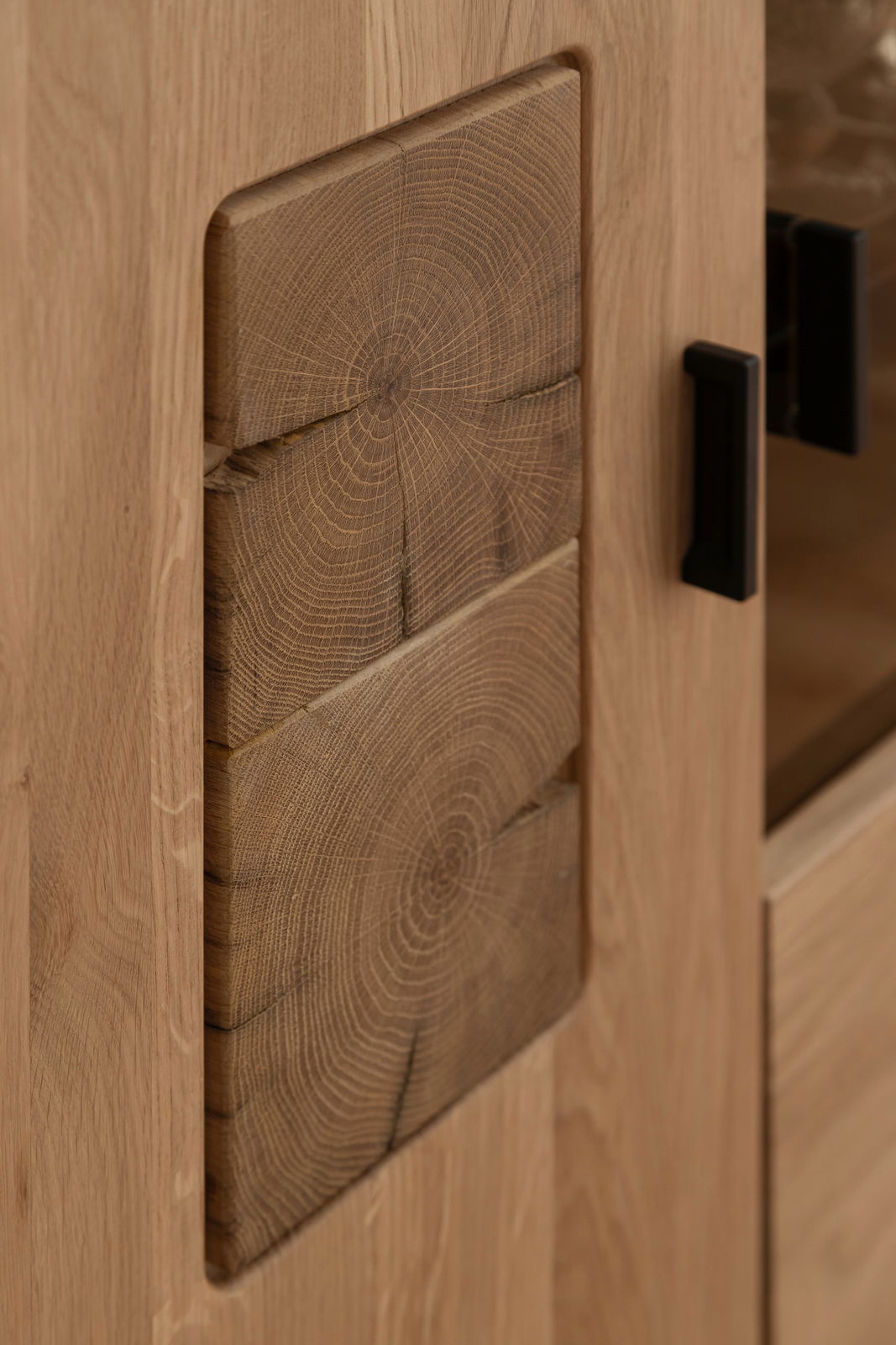 Linea Natura Vitrine PHÖNIX Nahaufnahme eines Holzschranks mit markanter Maserung und schwarzem Griff, seitliche Perspektive.