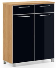 Moderner Schuhschrank mit Holzoptik und schwarzen Hochglanzfronten, seitliche Perspektive