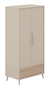 Beiger Kleiderschrank mit zwei Türen und einer Schublade, schräg von vorne betrachtet