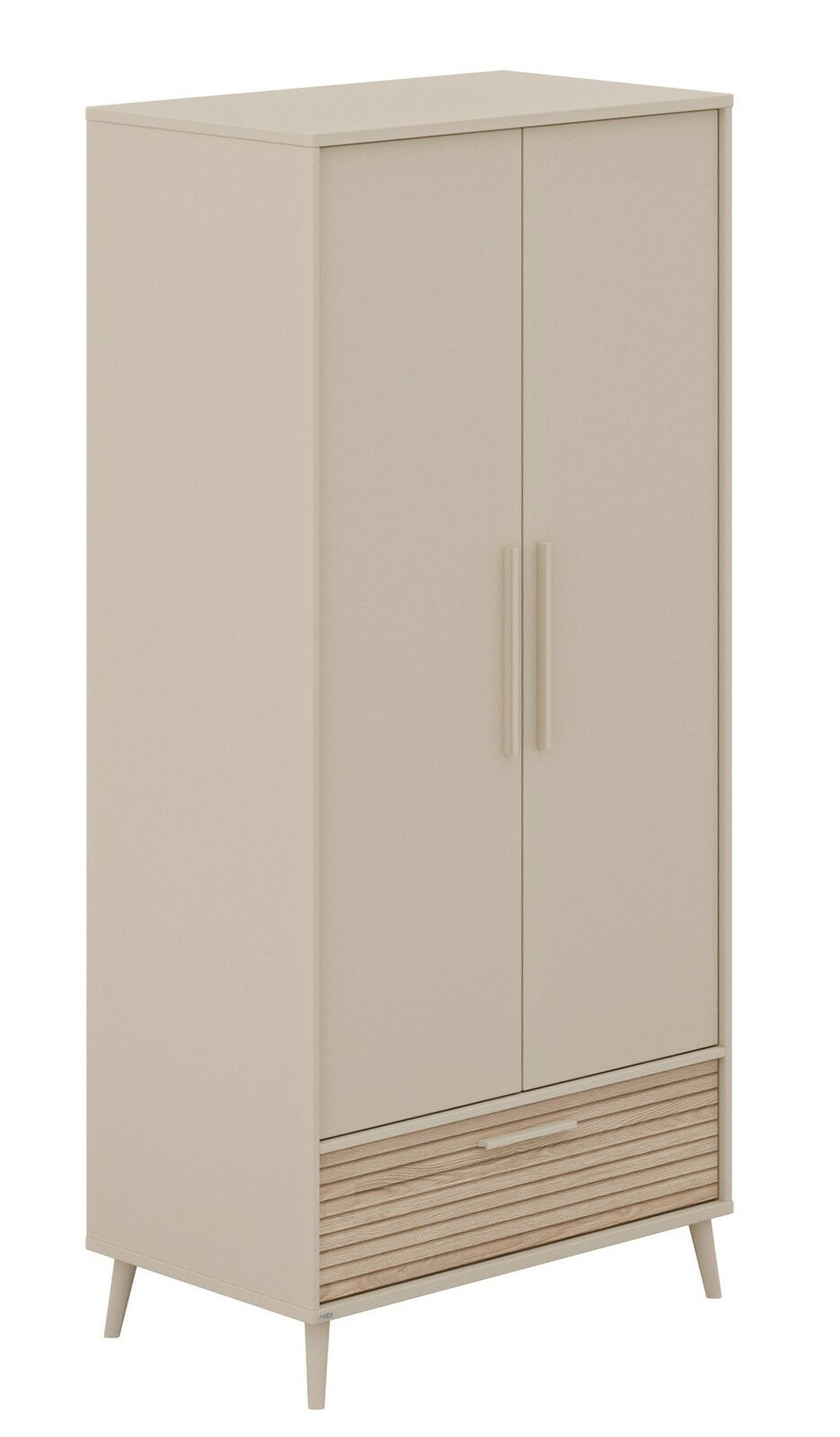 Beiger Kleiderschrank mit zwei Türen und einer Schublade, schräg von vorne betrachtet