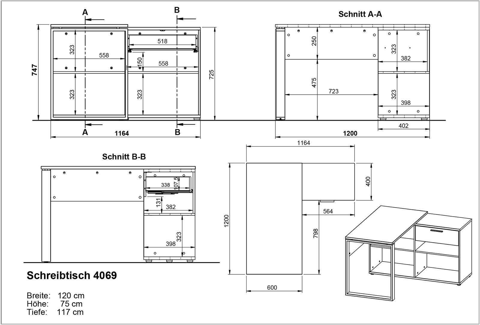 Technische Zeichnung eines Winkelschreibtischs mit den Maßen: Breite 120 cm, Höhe 75 cm, Tiefe 117 cm. Perspektive von oben und seitlich.