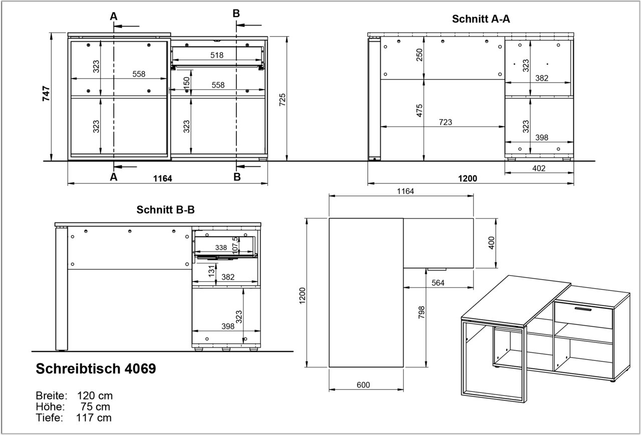 Technische Zeichnung eines Winkelschreibtischs mit den Maßen: Breite 120 cm, Höhe 75 cm, Tiefe 117 cm. Perspektive von oben und seitlich.
