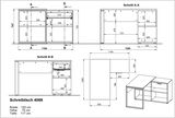 Technische Zeichnung eines Winkelschreibtischs mit den Maßen: Breite 120 cm, Höhe 75 cm, Tiefe 117 cm. Perspektive von oben und seitlich.