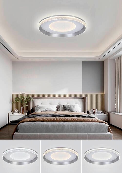 Moderne led-plafondlamp in een stijlvolle slaapkamer, van onderaf gezien.