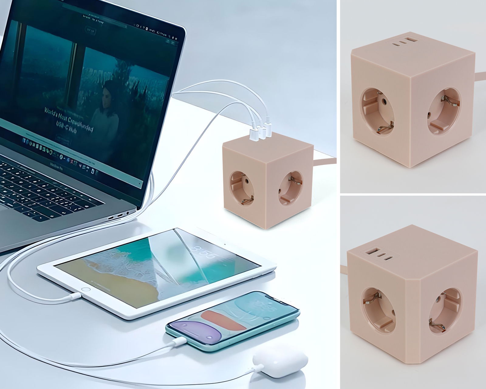 Steckdosenwürfel mit mehreren Steckplätzen und USB-Anschlüssen, beige, auf einem Tisch neben einem Laptop, Tablet und Smartphone. Perspektive: seitlich und von oben.