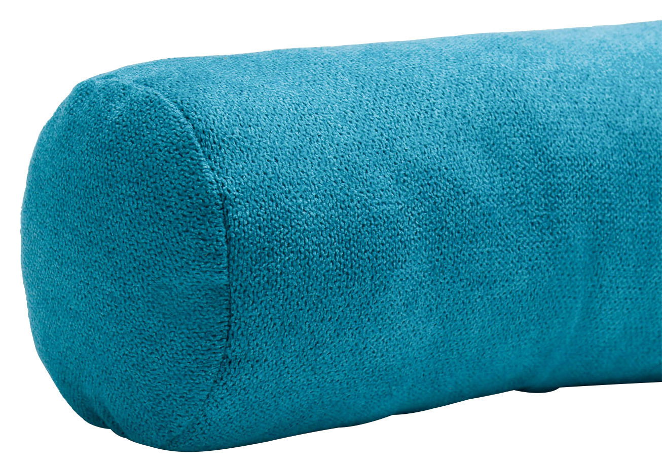 Nahaufnahme einer blauen Zugluftrolle aus 100% Polyester, seitliche Perspektive