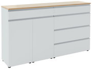 Weißes Sideboard mit Holzoberfläche, zwei Türen und vier Schubladen, seitliche Perspektive