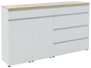 Weißes Sideboard mit Holzoberfläche, zwei Türen und vier Schubladen, seitliche Perspektive